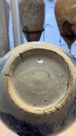 A rare Chinese blue and white bottle vase with narrative design, Transitional period