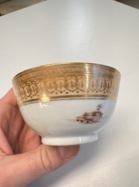 A pair of Chinese gilt-decorated sepia 'Riverscape' cups and saucers, Jiaqing
