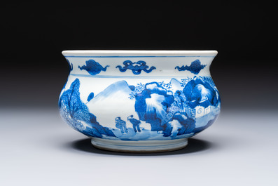 A Chinese blue and white censer depicting two sages in a mountainous landscape, Kangxi