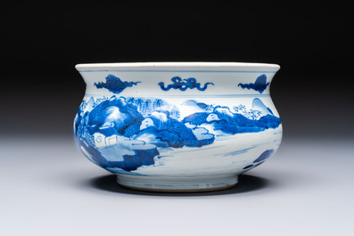 A Chinese blue and white censer depicting two sages in a mountainous landscape, Kangxi