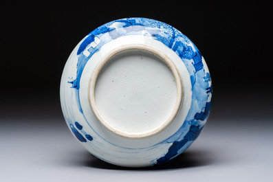 A Chinese blue and white censer depicting two sages in a mountainous landscape, Kangxi