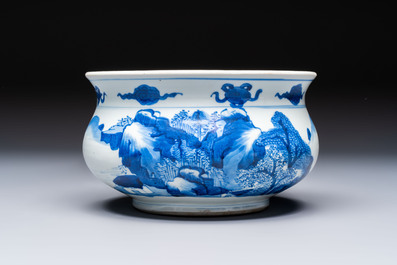 A Chinese blue and white censer depicting two sages in a mountainous landscape, Kangxi