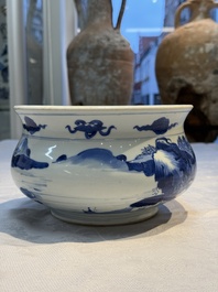 A Chinese blue and white censer depicting two sages in a mountainous landscape, Kangxi