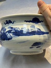 A Chinese blue and white censer depicting two sages in a mountainous landscape, Kangxi