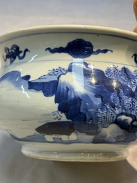 A Chinese blue and white censer depicting two sages in a mountainous landscape, Kangxi