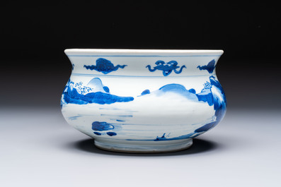 A Chinese blue and white censer depicting two sages in a mountainous landscape, Kangxi