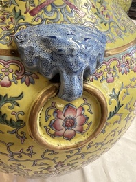 A pair of large Chinese famille rose yellow-ground 'Hu' vases with narrative design, Qianlong mark, Republic