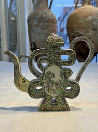A pair of Chinese verte biscuit 'Shou' wine ewers, 19th C.