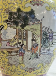 A pair of large Chinese famille rose yellow-ground 'Hu' vases with narrative design, Qianlong mark, Republic