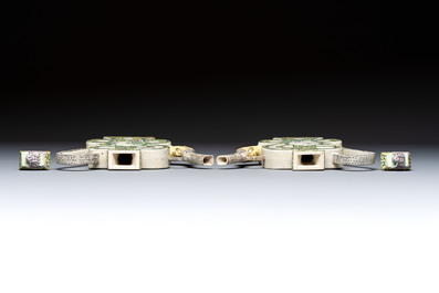 A pair of Chinese verte biscuit 'Shou' wine ewers, 19th C.