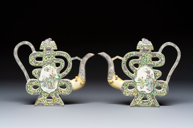 A pair of Chinese verte biscuit 'Shou' wine ewers, 19th C.