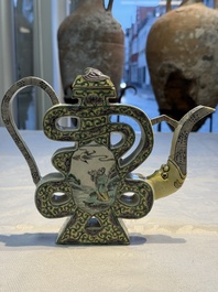 A pair of Chinese verte biscuit 'Shou' wine ewers, 19th C.