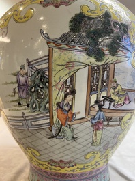 A pair of large Chinese famille rose yellow-ground 'Hu' vases with narrative design, Qianlong mark, Republic
