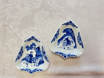 A pair of Chinese blue and white 'Rider on Horseback' sweetmeat dishes, Kangxi