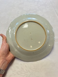 Two Chinese famille rose serving dishes and six plates with floral design, Qianlong
