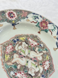 A Chinese blue and white dish with floral design and a famille rose 'HeHe Erxian' plate, Kangxi/Yongzheng