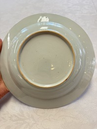 Two Chinese famille rose serving dishes and six plates with floral design, Qianlong