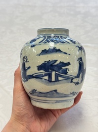 Two Chinese blue and white jars with figural and floral design, late Ming