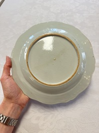 Two Chinese famille rose serving dishes and six plates with floral design, Qianlong