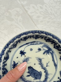 A Chinese blue and white 'Qilin' saucer dish and a 'Frog' saucer dish, Jiajing/Wanli