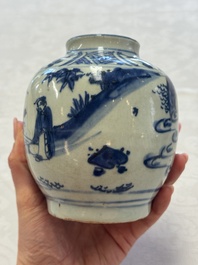 Two Chinese blue and white jars with figural and floral design, late Ming