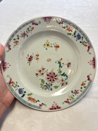 Seven Chinese famille rose plates with floral design, Qianlong