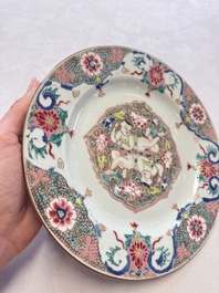 A Chinese blue and white dish with floral design and a famille rose 'HeHe Erxian' plate, Kangxi/Yongzheng
