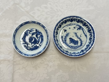 A Chinese blue and white 'Qilin' saucer dish and a 'Frog' saucer dish, Jiajing/Wanli