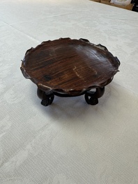 A Chinese Dehua blanc de Chine 'Lotus Leaf and Frog' brush washer on a wooden stand, Kangxi/Yongzheng