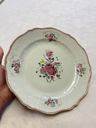 Two Chinese famille rose serving dishes and six plates with floral design, Qianlong