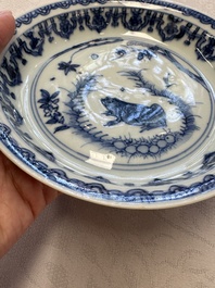 A Chinese blue and white 'Qilin' saucer dish and a 'Frog' saucer dish, Jiajing/Wanli