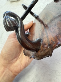 A Chinese Dehua blanc de Chine 'Lotus Leaf and Frog' brush washer on a wooden stand, Kangxi/Yongzheng