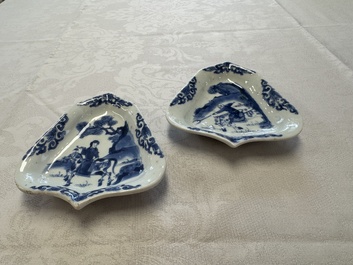 A pair of Chinese blue and white 'Rider on Horseback' sweetmeat dishes, Kangxi