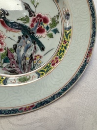 A pair of Chinese famille rose 'Peacock and Flowers' plates, Yongzheng