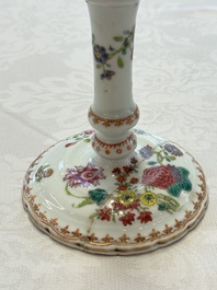 A pair of Chinese famille rose candlesticks with floral design, Qianlong