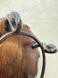 A Chinese Dehua blanc de Chine 'Lotus Leaf and Frog' brush washer on a wooden stand, Kangxi/Yongzheng