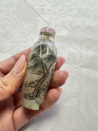 A Chinese inside-painted glass snuff bottle with two men wearing straw raincoats, dated 1911