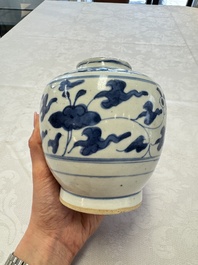 Two Chinese blue and white jars with figural and floral design, late Ming