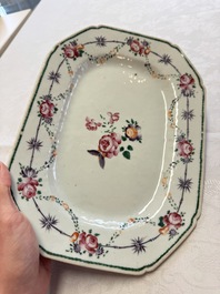 Two Chinese famille rose serving dishes and six plates with floral design, Qianlong