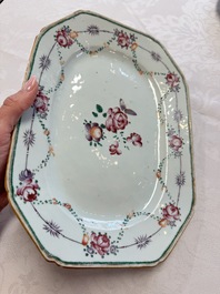 Two Chinese famille rose serving dishes and six plates with floral design, Qianlong