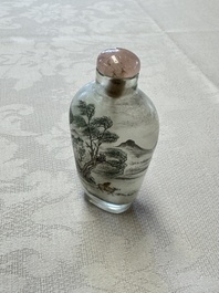 A Chinese inside-painted glass snuff bottle with two men wearing straw raincoats, dated 1911