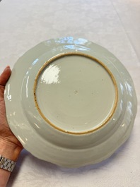 Two Chinese famille rose serving dishes and six plates with floral design, Qianlong