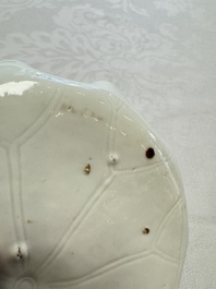 A Chinese Dehua blanc de Chine 'Lotus Leaf and Frog' brush washer on a wooden stand, Kangxi/Yongzheng