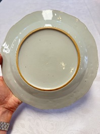 Two Chinese famille rose serving dishes and six plates with floral design, Qianlong