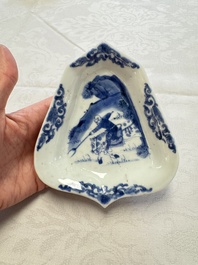 A pair of Chinese blue and white 'Rider on Horseback' sweetmeat dishes, Kangxi