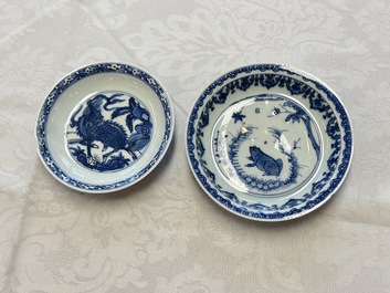 A Chinese blue and white 'Qilin' saucer dish and a 'Frog' saucer dish, Jiajing/Wanli