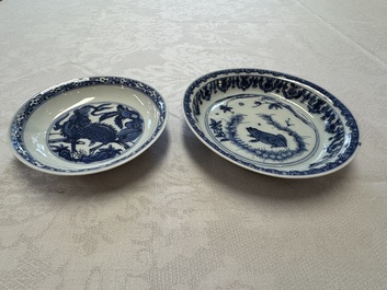 A Chinese blue and white 'Qilin' saucer dish and a 'Frog' saucer dish, Jiajing/Wanli