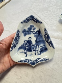 A pair of Chinese blue and white 'Rider on Horseback' sweetmeat dishes, Kangxi