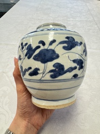Two Chinese blue and white jars with figural and floral design, late Ming