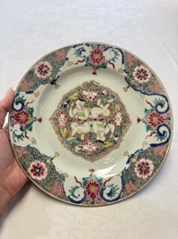 A Chinese blue and white dish with floral design and a famille rose 'HeHe Erxian' plate, Kangxi/Yongzheng